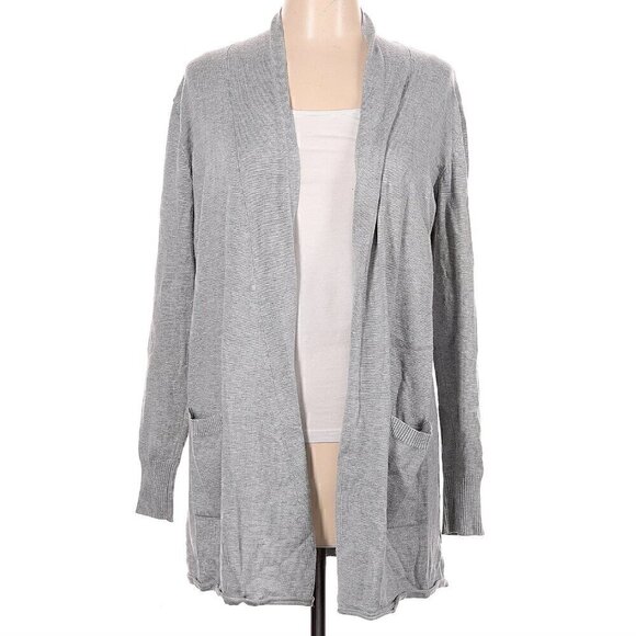 VERVE AMI Solid Gray Long Sleeve Open Front Rayon Classic Long Cardigan Sweater - Picture 3 of 11